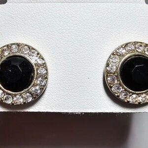 Silver Tone Earrings Black Stone with Clear Rhinestone Halo 1/2" Diameter